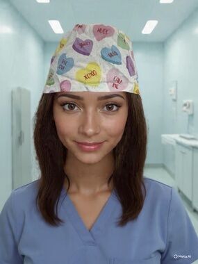Handmade White Multicolored Candy Heart Print Scrub Cap/ Nurse Hat